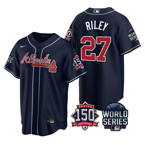 Atlanta Braves #27 Austin Riley Nike 150th Anniversary 2021 World Series Youth MLB Jersey - Navy