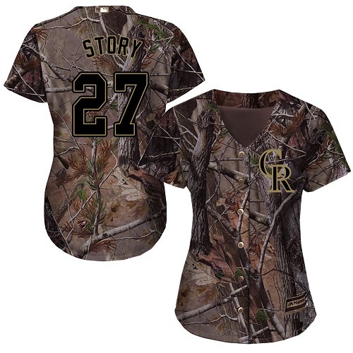 Rockies #27 Trevor Story Camo Realtree Collection Cool Base Women's Stitched MLB Jersey