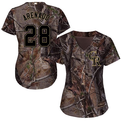 Rockies #28 Nolan Arenado Camo Realtree Collection Cool Base Women's Stitched MLB Jersey