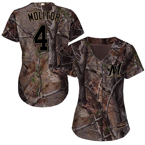 Brewers #4 Paul Molitor Camo Realtree Collection Cool Base Women's Stitched MLB Jersey