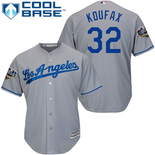 Dodgers #32 Sandy Koufax Grey Cool Base 2018 World Series Stitched Youth MLB Jersey