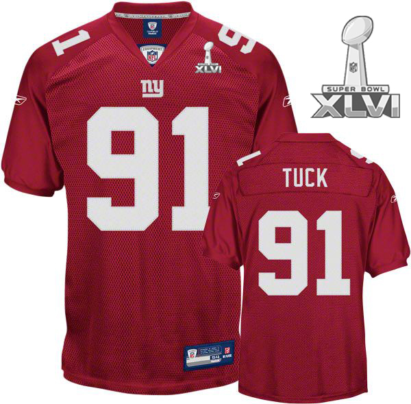 Giants #91 Justin Tuck Red Super Bowl XLVI Embroidered Youth NFL Jersey